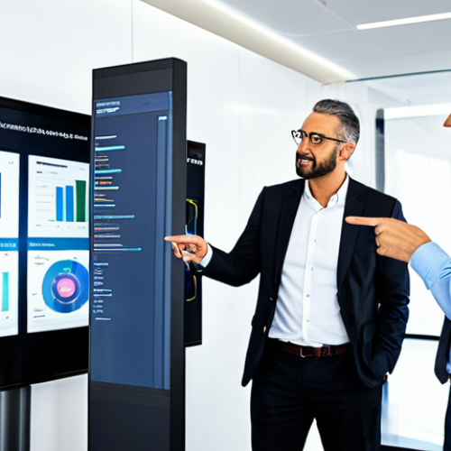Home 15 A diverse group of professional business individuals, fully clothed in modest business attire, gathered around a large interactive data display in a modern, well-lit tech office. One person is pointing to a data visualization showing customer feedback trends and sentiment analysis. Screens in the background display complex algorithms and AI models. The scene conveys innovation and data-driven decision-making. The individuals have perfect anatomy, correct proportions, and natural poses. Well-formed hands are visible. This image is safe for work, appropriate content, fully clothed, professional, high-quality, ultra-detailed, professional photography.