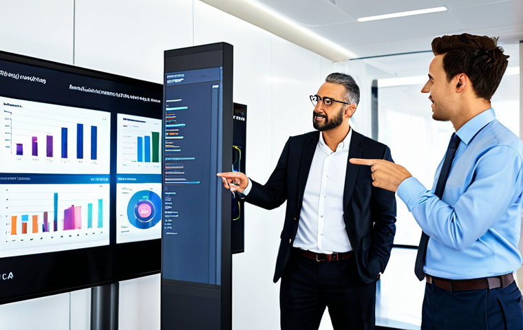 A diverse group of professional business individuals, fully clothed in modest business attire, gathered around a large interactive data display in a modern, well-lit tech office. One person is pointing to a data visualization showing customer feedback trends and sentiment analysis. Screens in the background display complex algorithms and AI models. The scene conveys innovation and data-driven decision-making. The individuals have perfect anatomy, correct proportions, and natural poses. Well-formed hands are visible. This image is safe for work, appropriate content, fully clothed, professional, high-quality, ultra-detailed, professional photography.