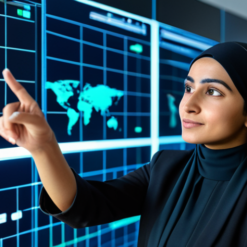 Home 14 A professional Arab woman in modest business attire, looking thoughtfully at a sophisticated holographic display that visualizes human sentiment and emotional connections from complex data, in a sleek, modern innovation lab with soft ambient lighting. She is pointing with one hand towards a key insight on the transparent screen, her expression reflecting deep understanding and empathy. The image is a professional photograph, high resolution, detailed, and cinematic. The subject is fully clothed, in appropriate attire, and modest. The pose is natural with perfect anatomy, correct proportions, well-formed hands, and proper finger count. This is a safe for work, appropriate content, family-friendly image.