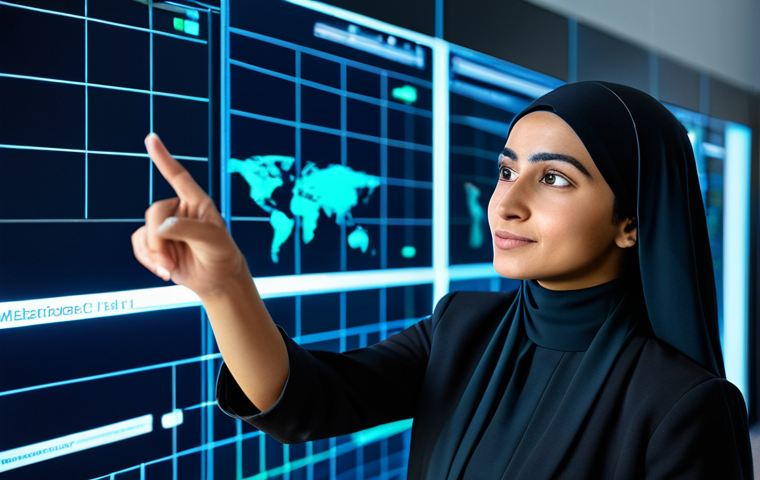 A professional Arab woman in modest business attire, looking thoughtfully at a sophisticated holographic display that visualizes human sentiment and emotional connections from complex data, in a sleek, modern innovation lab with soft ambient lighting. She is pointing with one hand towards a key insight on the transparent screen, her expression reflecting deep understanding and empathy. The image is a professional photograph, high resolution, detailed, and cinematic. The subject is fully clothed, in appropriate attire, and modest. The pose is natural with perfect anatomy, correct proportions, well-formed hands, and proper finger count. This is a safe for work, appropriate content, family-friendly image.