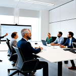 A diverse team of professionals in a modern, brightly lit office, engaged in collaborative work. Some team members are interacting in person around a conference table, while others are seamlessly integrated via large video call screens, demonstrating effective remote communication. They are discussing ideas and sharing content on digital whiteboards and laptops. All individuals are fully clothed in modest business attire, maintaining a natural pose with correct proportions and well-formed hands. The scene conveys transparent communication and teamwork. Professional photography, high-resolution, soft studio lighting, safe for work, appropriate content, family-friendly.