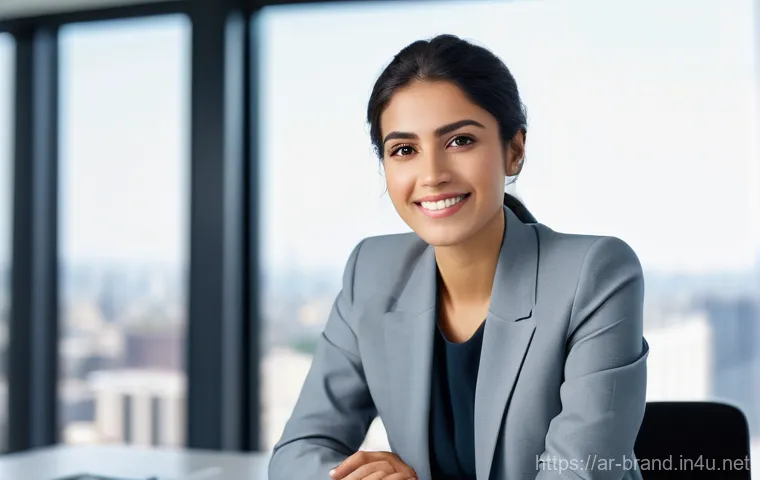 브랜드 커뮤니케이션 취업 면접 준비 팁 - **Prompt 1: Confident Professional in a Modern Office**
    "A portrait of a confident young Arab wo...