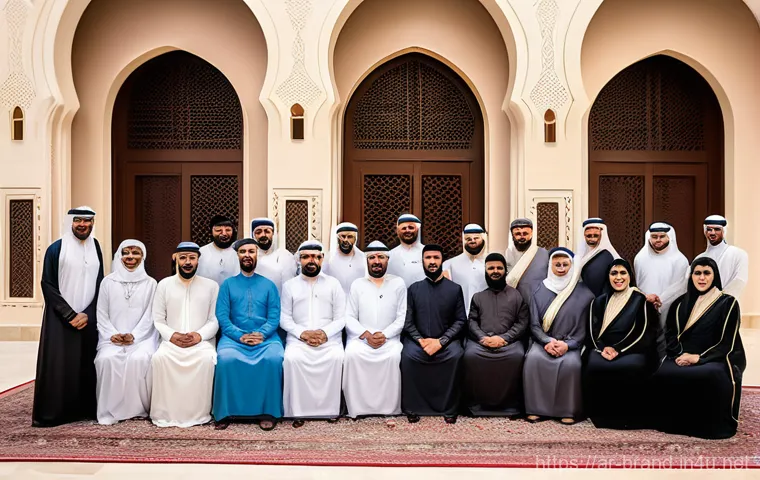 브랜드 커뮤니케이션 이론 정리 - A warm, authentic scene depicting a diverse group of people from the GCC region, including men in th...