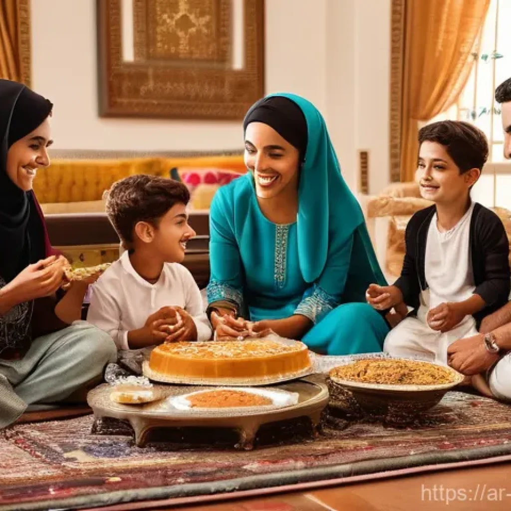 브랜드 커뮤니케이션과 글로벌 커뮤니케이션 차이 - **Prompt:** A warm, vibrant multi-generational Arab family gathering in a beautifully decorated trad...