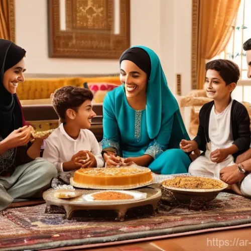 브랜드 커뮤니케이션과 글로벌 커뮤니케이션 차이 - **Prompt:** A warm, vibrant multi-generational Arab family gathering in a beautifully decorated trad...