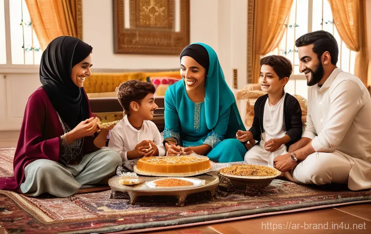 브랜드 커뮤니케이션과 글로벌 커뮤니케이션 차이 - **Prompt:** A warm, vibrant multi-generational Arab family gathering in a beautifully decorated trad...