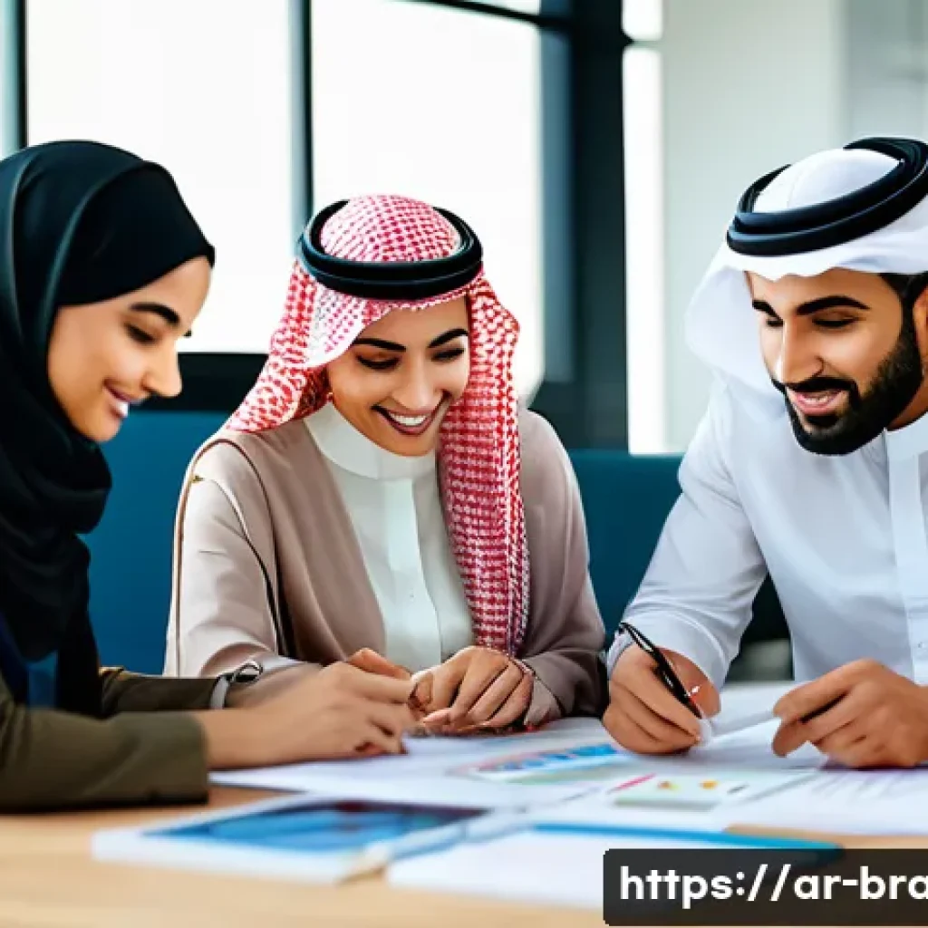 브랜드 커뮤니케이션 직무 경험담 - A professional Arab marketing team collaborating in a modern office setting, diverse men and women w...