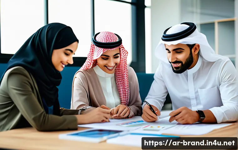 브랜드 커뮤니케이션 직무 경험담 - A professional Arab marketing team collaborating in a modern office setting, diverse men and women w...