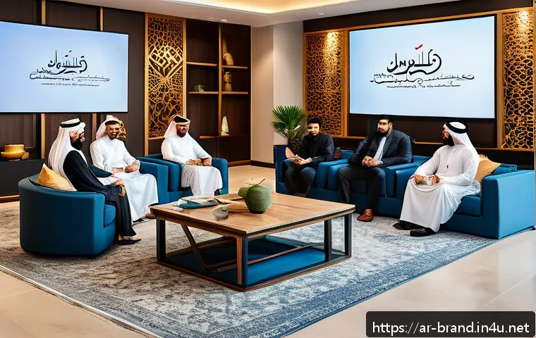 브랜드 커뮤니케이션에서 PR과 광고의 역할 - A professional Arabic marketing team in a modern office setting, collaborating closely around a digi...