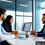 Home 18 브랜드 커뮤니케이션 직무와 지속 가능성 - A modern Arab office environment showcasing a diverse group of professional employees engaging in op...