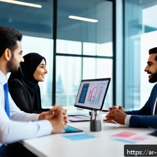 Home 30 브랜드 커뮤니케이션 직무와 지속 가능성 - A modern Arab office environment showcasing a diverse group of professional employees engaging in op...