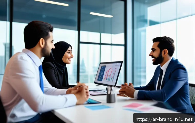 브랜드 커뮤니케이션 직무와 지속 가능성 - A modern Arab office environment showcasing a diverse group of professional employees engaging in op...