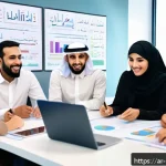 Home 23 브랜드 커뮤니케이션과 효과적인 팀 관리 - A diverse professional Arab team in a modern office setting, engaged in a lively brainstorming sessi...