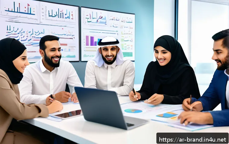 브랜드 커뮤니케이션과 효과적인 팀 관리 - A diverse professional Arab team in a modern office setting, engaged in a lively brainstorming sessi...