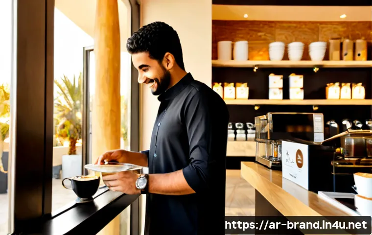 브랜드 커뮤니케이션의 최신 성공 사례 - Photorealistic modern Arabic coffee shop in Riyadh, diverse Arab friends warmly sharing a locally in...